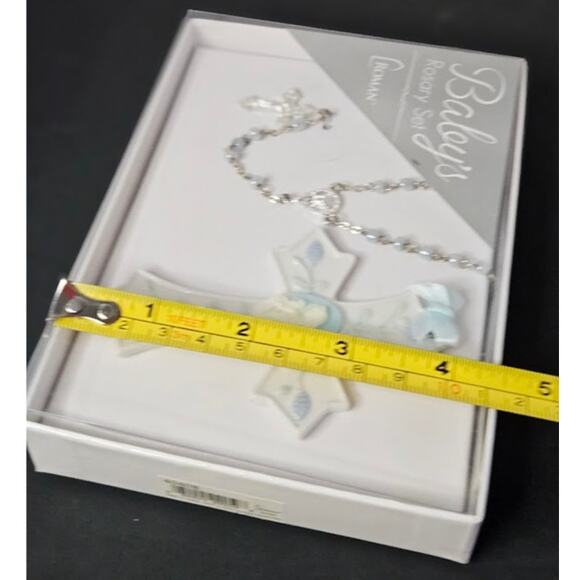 Rosary & Cross Baby VTG new Porcelain Faux Pearl Bead metal link Madonna & child - Picture 8 of 9